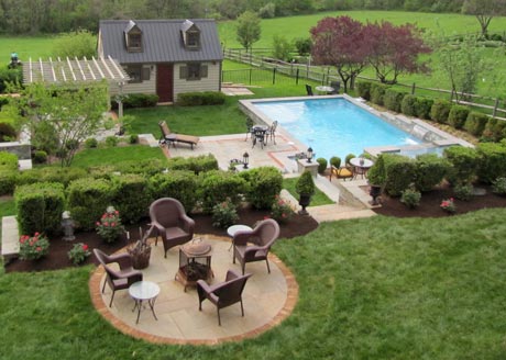 Client landscape with pool, pergola, planted terrace, and patios